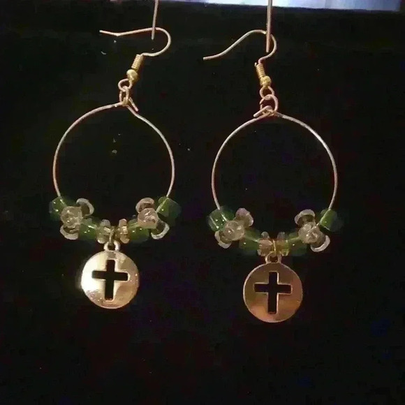 Hand Crafted Jewelry - ❤️ Handmade Hoop Green/Clear CROSS Dangles Beaded Earrings